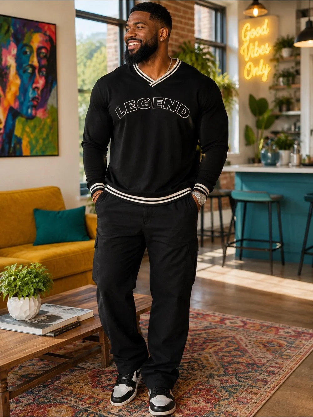 Black V-Neck Sweater with White Trim